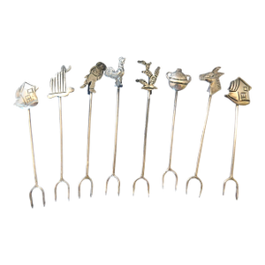 English Sterling Vintage Assorted Home-Themed Appetizer Forks, Set of Eight, MCM