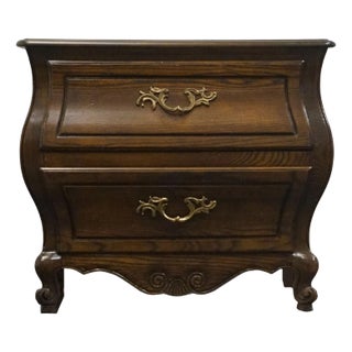 Baker Furniture Solid Walnut Louis XV French Provincial 28" Two Drawer Bombe Nightstand 4110 For Sale