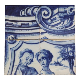 19th Century Set of Four Tiles Depicting a Couple, Portuguese For Sale