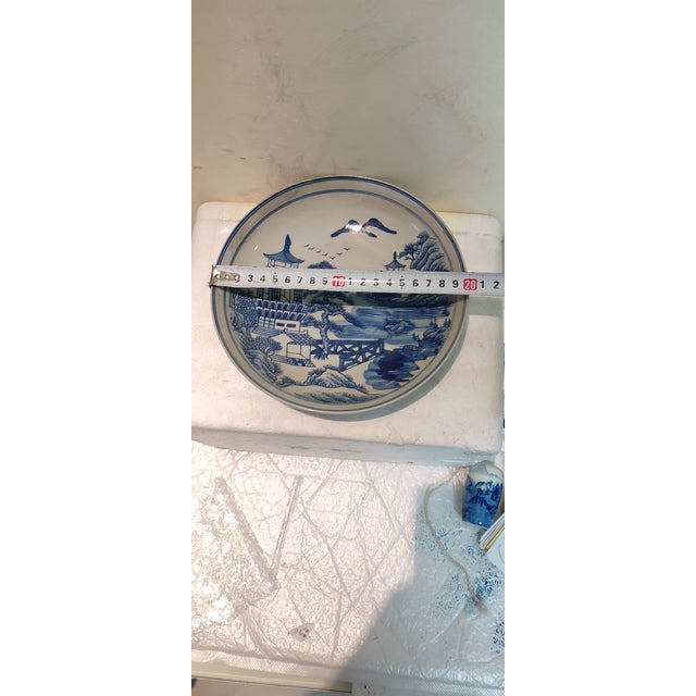 Blue Chinese Ceramic Plate Blue and White Porcelain Plate Hand Painted Landscape Pattern For Sale - Image 8 of 10