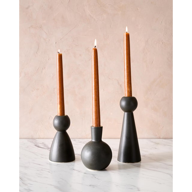 Contemporary Trio of "Almost Black" Matte Ceramic Taper Candle Holders "Bella," "Bobby," and "Beau" by Lostine For Sale - Image 3 of 12