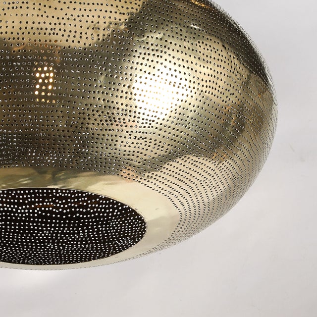 Mid-Century Teardrop Form Antique Brass Pendant W/ Pierced Detailing Chandelier For Sale In New York - Image 6 of 9