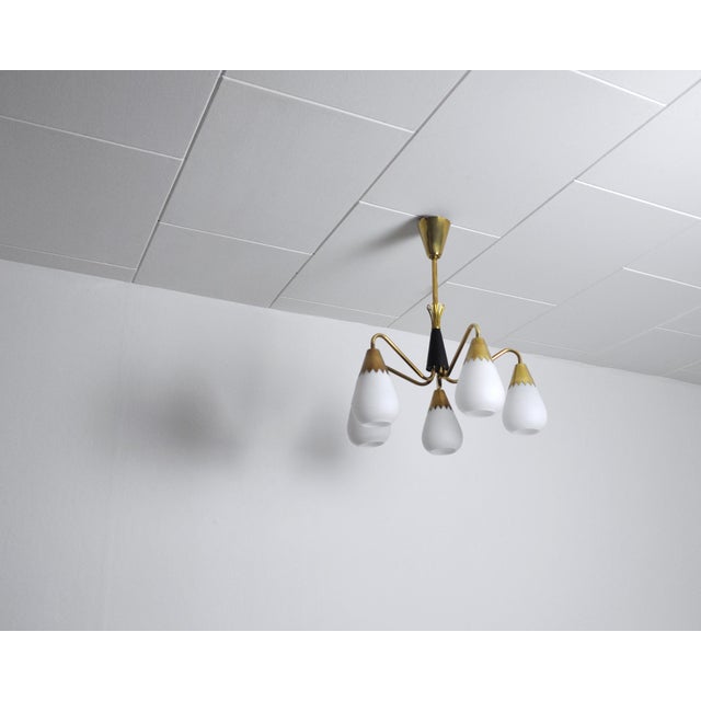 Scandinavian Ceiling Lamp in Brass and Opaline Glass, 1950s For Sale - Image 4 of 14