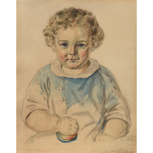 Paper Gustav Adolf Friedrich, Child Portrait, 1851, Watercolor, Framed For Sale - Image 7 of 7