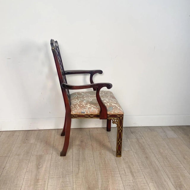 Brown Pair of Matching Chinese Chippendale Armchairs With Blind Fretwork and Gilt Highlights For Sale - Image 8 of 10