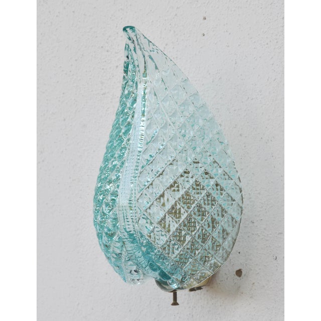 Art Deco 1950s Rare Wall Light Blue Jewel Murano Glass Leave by Barovier E Toso, -Set of 2 For Sale - Image 3 of 12