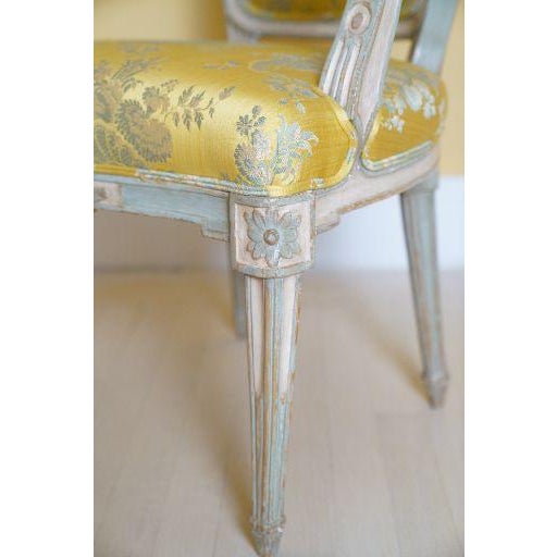 Textile 19th C. Louis XVI Style Silk Upholstered Painted Fauteuils - Set of 2 For Sale - Image 7 of 15