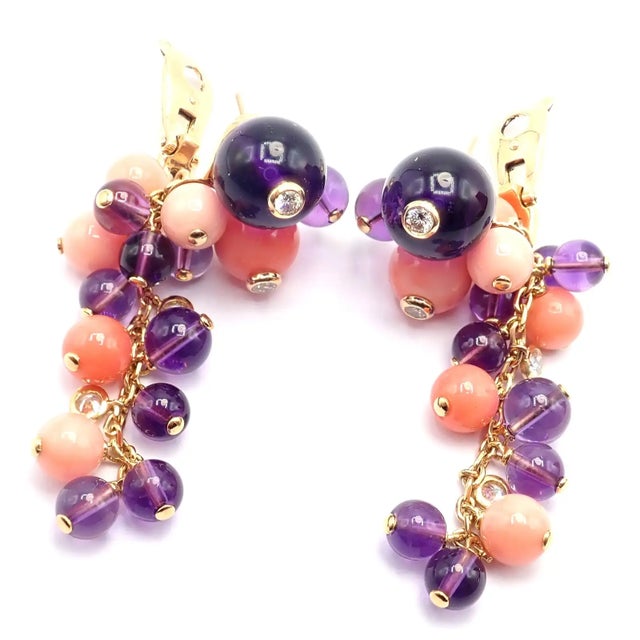 1980s Pair of Cartier Rose Gold Coral Amethyst Diamond Delices De Goa Earrings For Sale In Philadelphia - Image 6 of 17