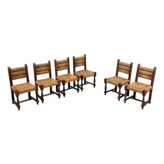 Charles Dudouyt, Six Rustic Dining Chairs, Oak, Rush, France, 1940s For Sale