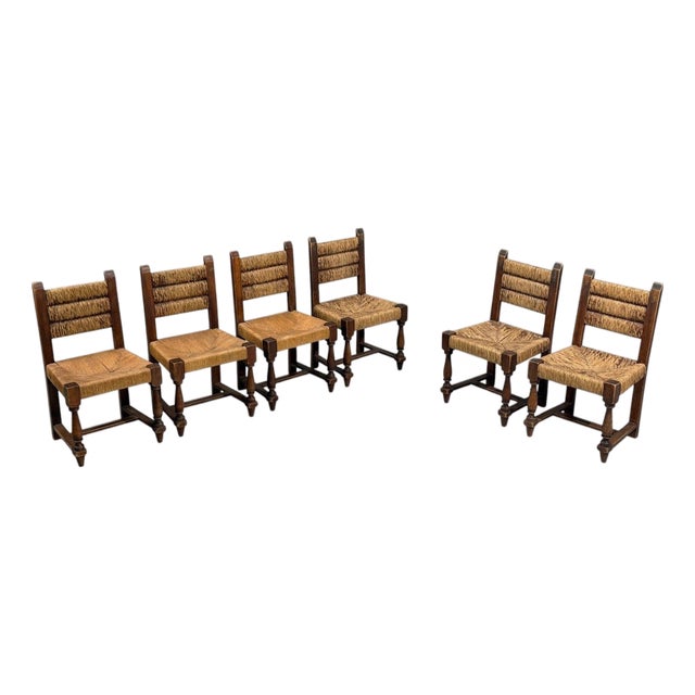 Charles Dudouyt, Six Rustic Dining Chairs, Oak, Rush, France, 1940s For Sale