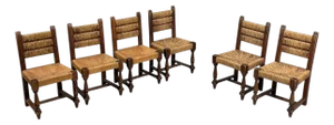 Charles Dudouyt, Six Rustic Dining Chairs, Oak, Rush, France, 1940s