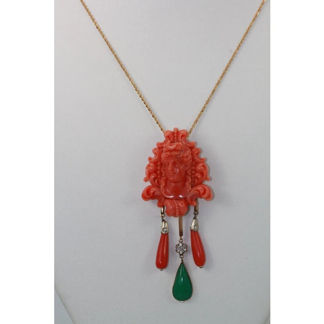 Metal 1960s Carved Coral Brooch Pendant with Coral Drops and Crystophase Drop For Sale - Image 7 of 9