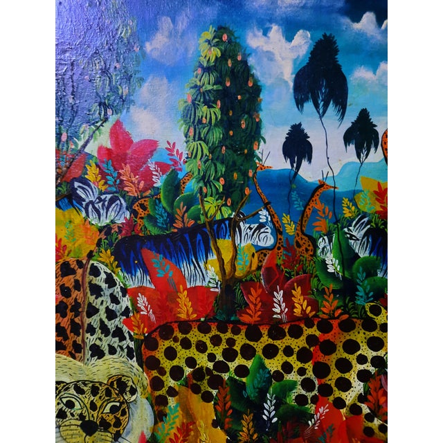 Baby Blue Vintage Smith Blanchard Folk Art Jungle Wildlife Framed Painting For Sale - Image 8 of 9