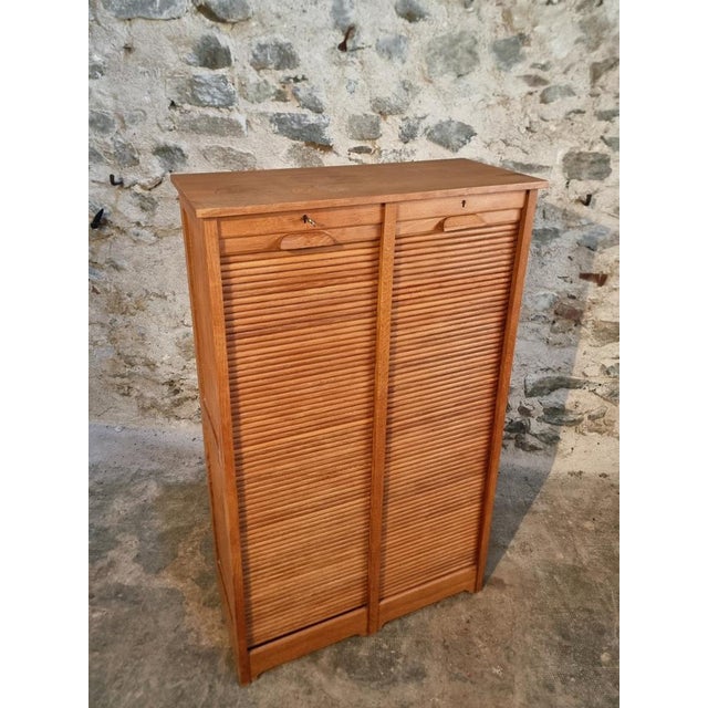 Vintage French Tambour Cabinet in Oak, 1960s For Sale - Image 17 of 18