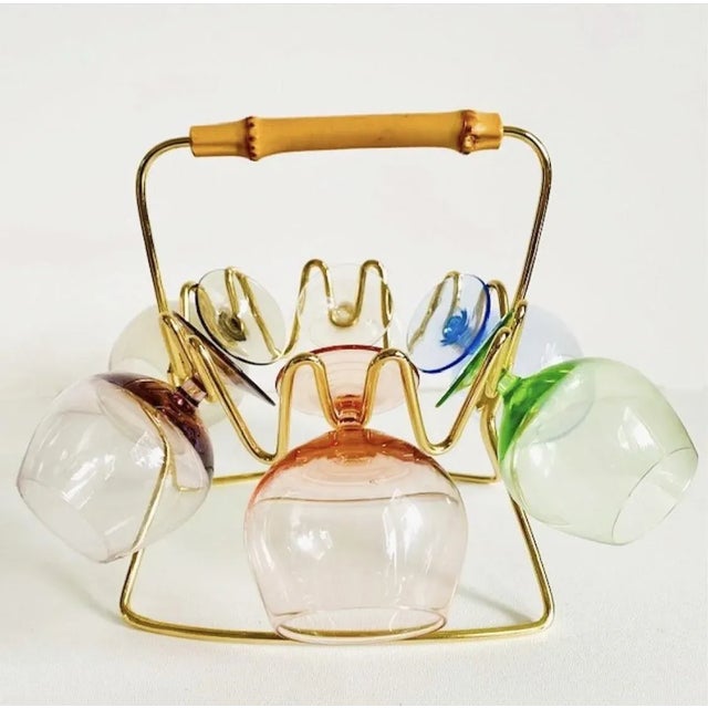 Mid-Century Modern Mid-Century Cognac Glasses Set with Brass Rack, Set of 7 For Sale - Image 3 of 11