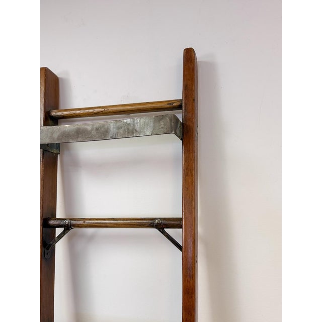 Wood Antique Wood Metal Library Ladder 7 Rung Rolling Bookcase Ladder 82" For Sale - Image 7 of 9