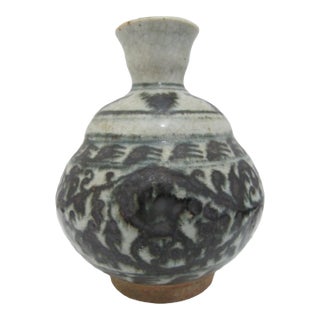Antique Vietnamese Southeast Asian Blue Flower Pottery Jarlet Bottle Vase For Sale