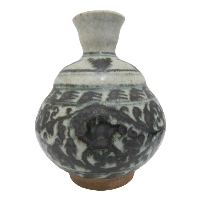 Antique Vietnamese Southeast Asian Blue Flower Pottery Jarlet Bottle Vase For Sale