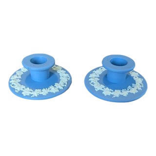 Pair of 1950s Wedgwood Blue Jasperware Candlesticks For Sale