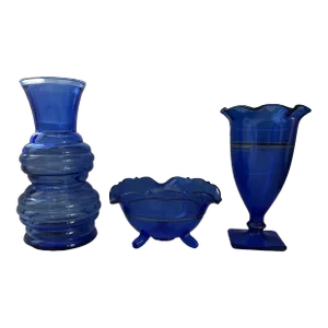 1920s Cobalt Blue Depression Glass Set -3 Pieces Trophy Vase, Double Beehive Vase and Mayonnaise Bowl