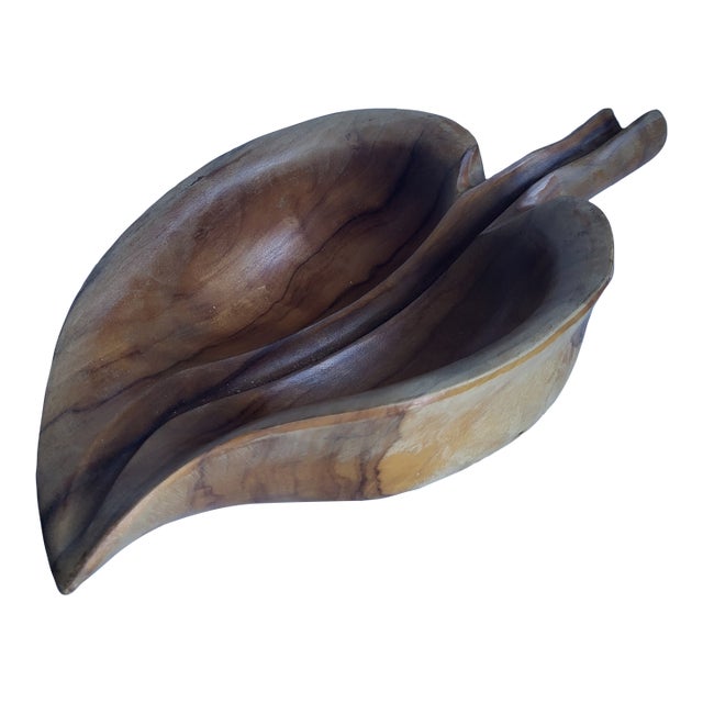 Hand Carved Iroko Wood Partitioned Leaf Bowl For Sale