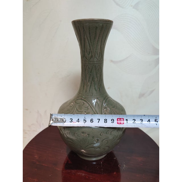 Celadon Chinese Ceramic Vase Yaozhou Ware Celadon Vase Hand Carved Flowers Pattern For Sale - Image 8 of 12