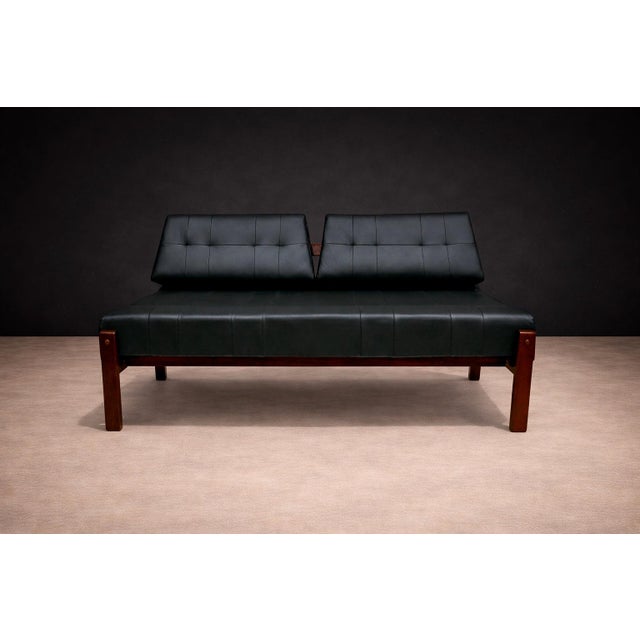 Loveseat With Extendable Side Tables in Hardwood & Leather, Gelli, 1960s For Sale - Image 4 of 8