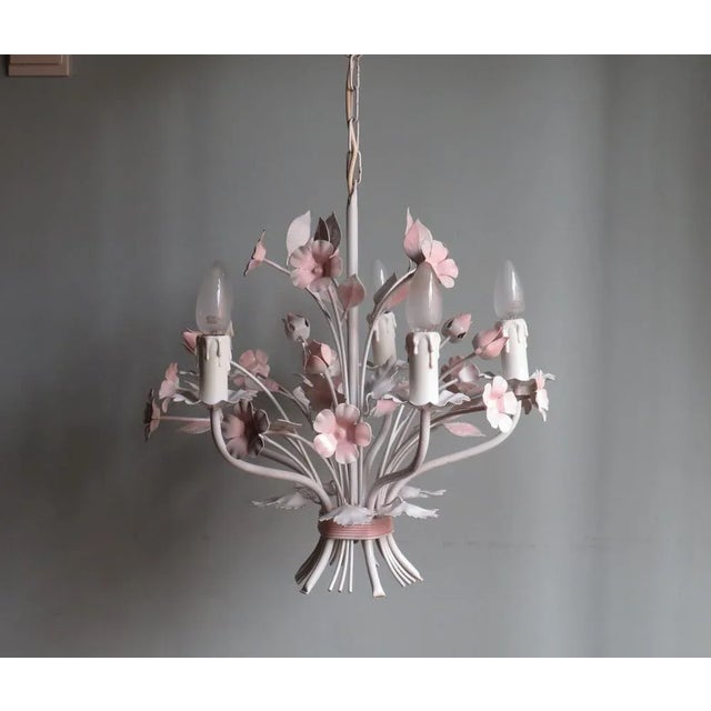 Mid-Century Modern Vintage Italian Toleware Chandelier with Floral Motifs, 1960s For Sale - Image 3 of 11