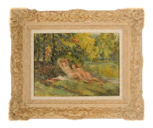 1910 "River Nymphs" Post-Impressionist Style Figurative Oil Painting by Jean Chaleye, Framed