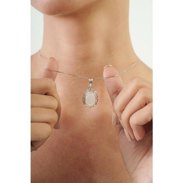 White Bohemian Natural Oval Rainbow Moonstone & Sterling Silver Filigree Pendant For Sale - Image 8 of 12