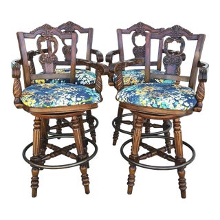 Italian Style Mahogany Swivel Barstools - Set of 4 For Sale