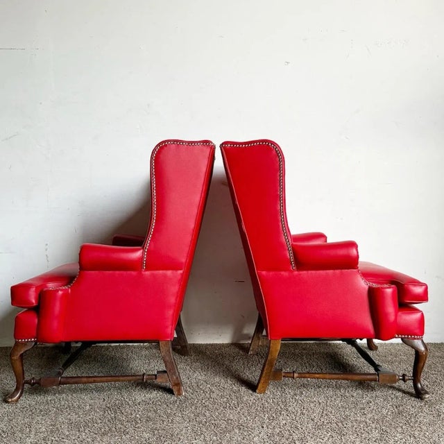 Mid 20th Century Traditional Red Faux Leather Wingback Chairs - a Pair For Sale - Image 5 of 11