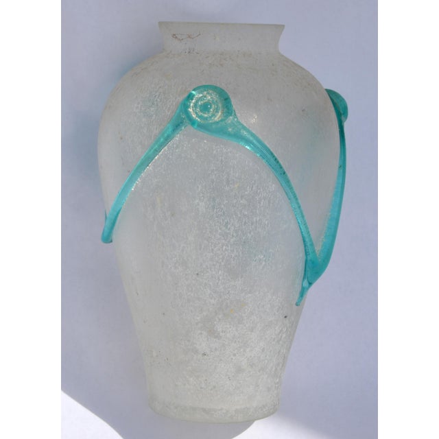 Archimede Seguso Style Scavo Corroso Art Glass Vase Frosted & Aqua Murano Glass For Sale - Image 9 of 16