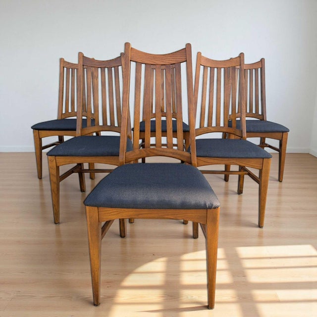 Chestnut Set of Six Restored Mid-Century Oak Slat-Back Dining Chairs, Walnut For Sale - Image 8 of 18
