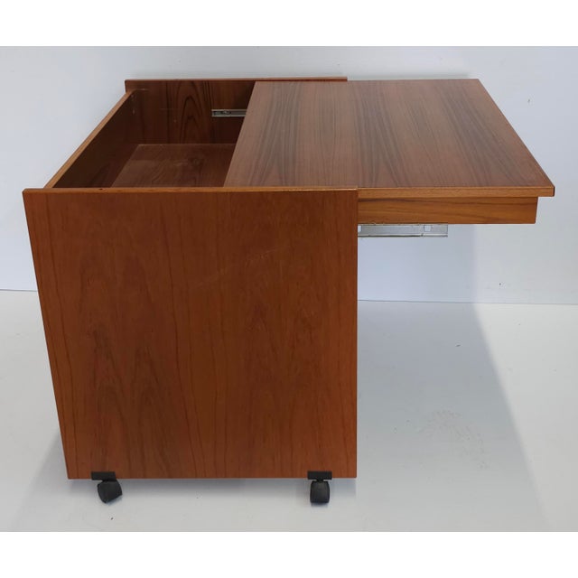 Wood Scandinavian Modern Teak Rolling Pull Out Surface Computer Desk For Sale - Image 7 of 11