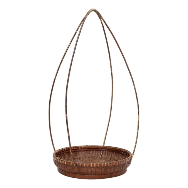 Red Brown Woven Bamboo Tray Basket with Tall Handle For Sale