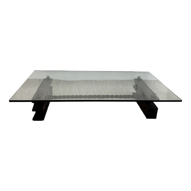 Vintage Brutalist Glass and Bronze Coffee Table For Sale