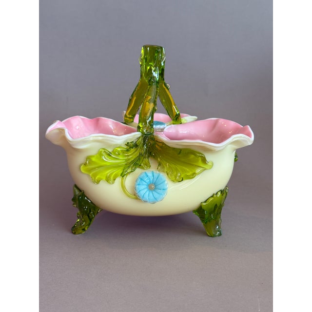 This antique Antique 1800s Stevens and Williams Matsu-No-Ke Pastel Flower Sectioned Vase Bowl tri sectional art glass bowl...
