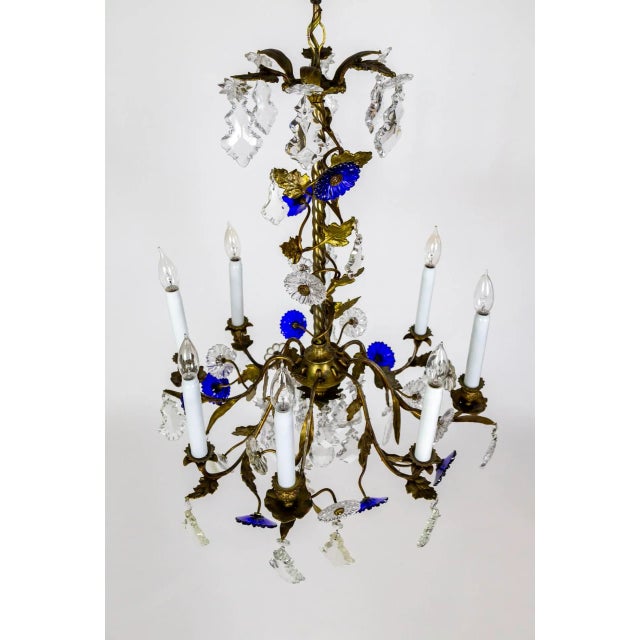 1910s Indigo Blue Crystal Flowers & Gilt Vine Chandelier For Sale - Image 11 of 13