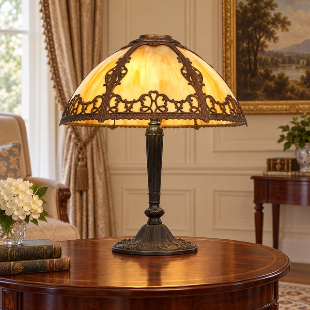 Pittsburgh 6 Bent Panel Slag Glass Leaded Table Lamp For Sale - Image 9 of 9