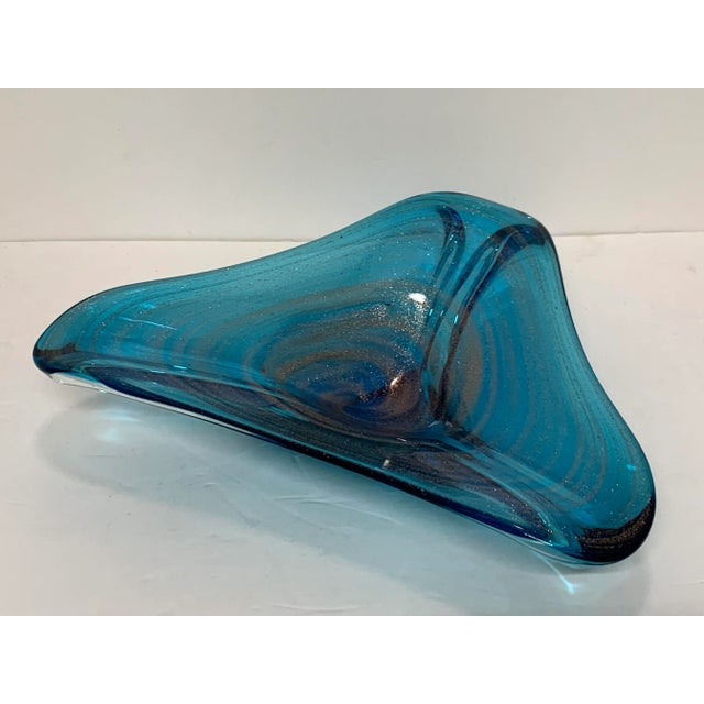 Metal Vintage Italian Murano Glass Gold-Speckled Turquoise Bowl For Sale - Image 7 of 10