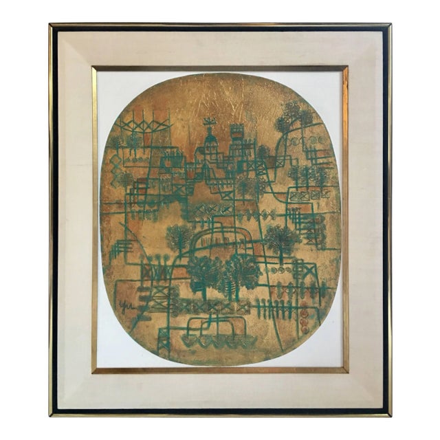 Abstract Cityscape Chinese Modernist Painting by Heshi Yu, Signed For Sale