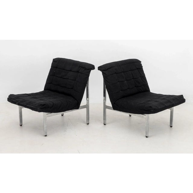 Pair of Italian Modern Chrome Lounge Chairs, with black upholstered seats on H-form chrome plated base, unmarked. 30" H x...