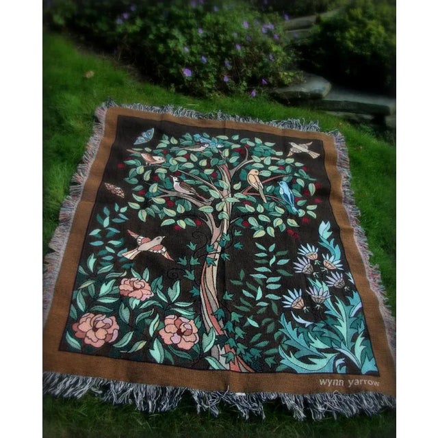 Arts and Crafts Style "Tree of Birds" in Espresso Jacquard Woven Throw Blanket For Sale - Image 10 of 12