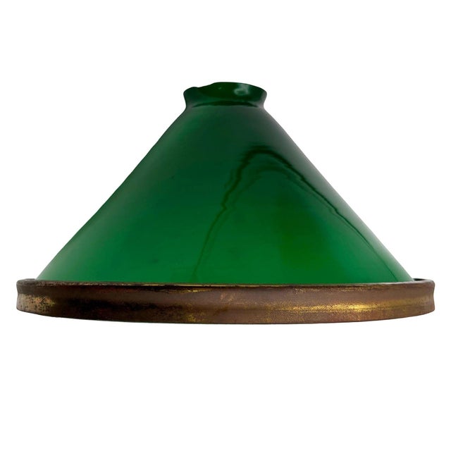 1920s Deco Banker/Poker Ceiling Light W/ 11" Brass Rim Green Glass Shade, 5 Available For Sale - Image 4 of 13