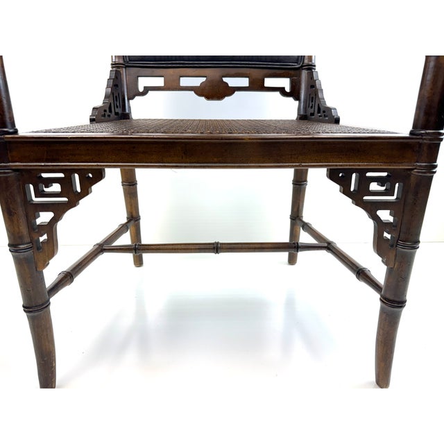 Textile 1960s Chinoiserie Faux Bamboo Armchair With Cane Seat and Upholstered Back Panel For Sale - Image 7 of 8