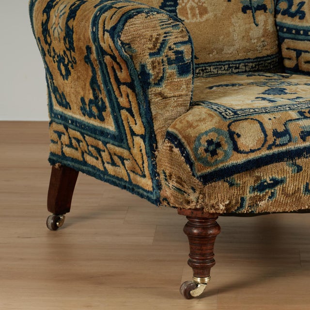 Antique English Victorian Armchair Upholstered in a Chinese Rug For Sale - Image 4 of 14