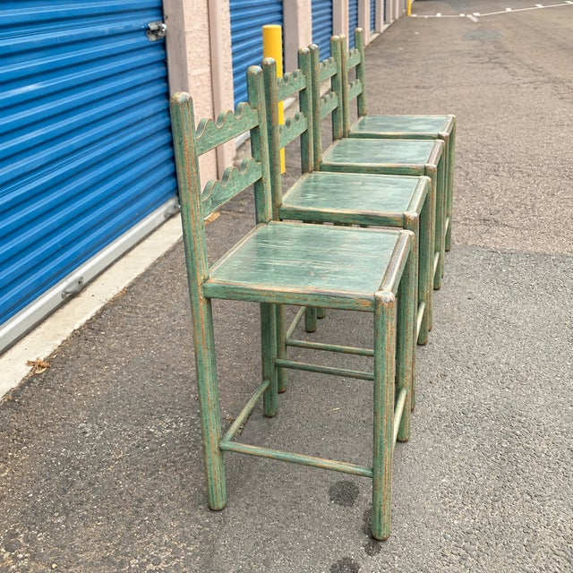 Country French Counter Stools in Set of 4 in Distressed Verdigris Green With an Aged Patina For Sale - Image 4 of 5