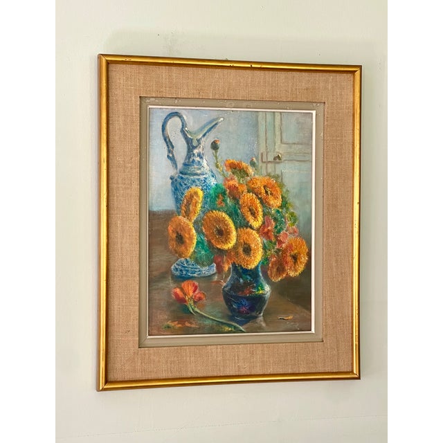 Paint French Mid-Century Floral Still Life in Orange and Blues Oil on Board, Initialed, Dated 1957 For Sale - Image 7 of 13