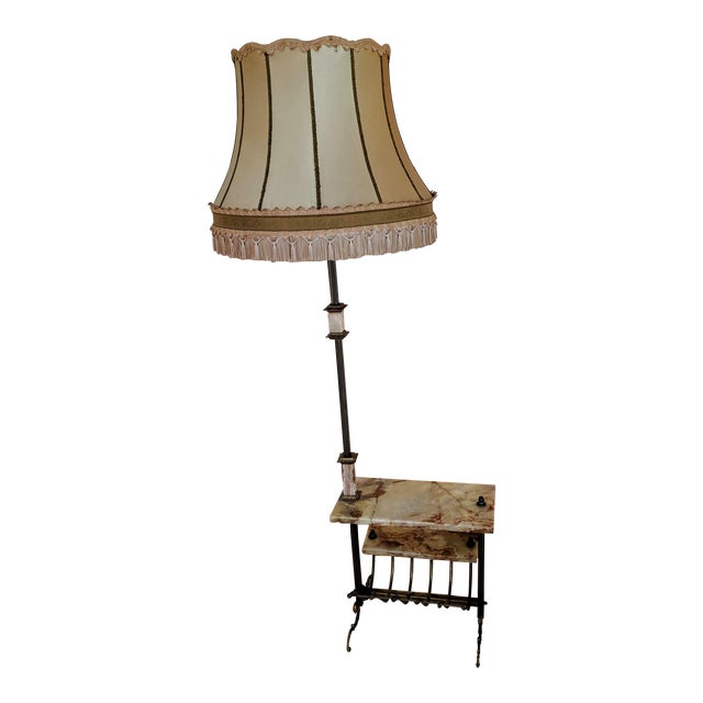 Vintage Brass And Marble Floor Lamp With Side Table And Magazine
